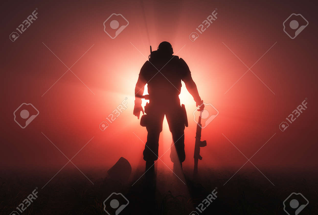 Silhouette of a soldier on a red background. - 44656996 Silhouette of a soldier on a red background. - 44656996