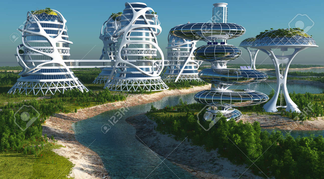Future City on the coast.3d render - 65806002 Future City on the coast.3d render - 65806002