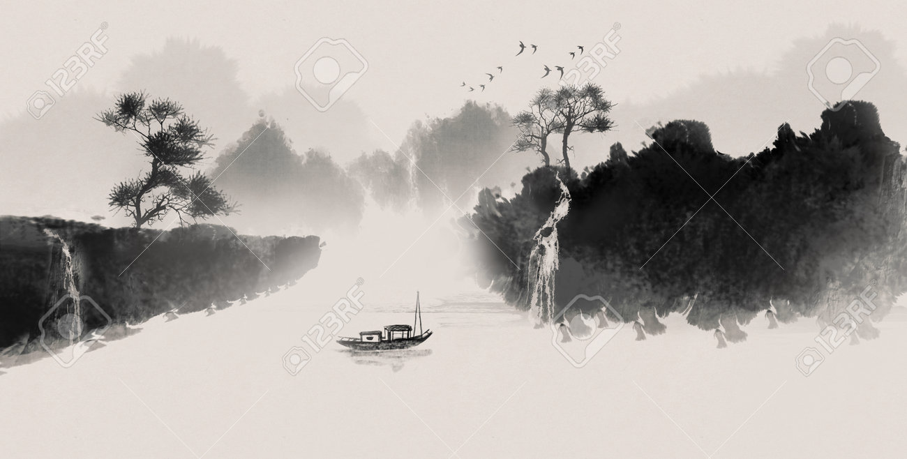 水墨画 風景画 水墨画「水辺の風景 -牛久沼-」福田勝司 筆 | 水墨画・達風 色彩
