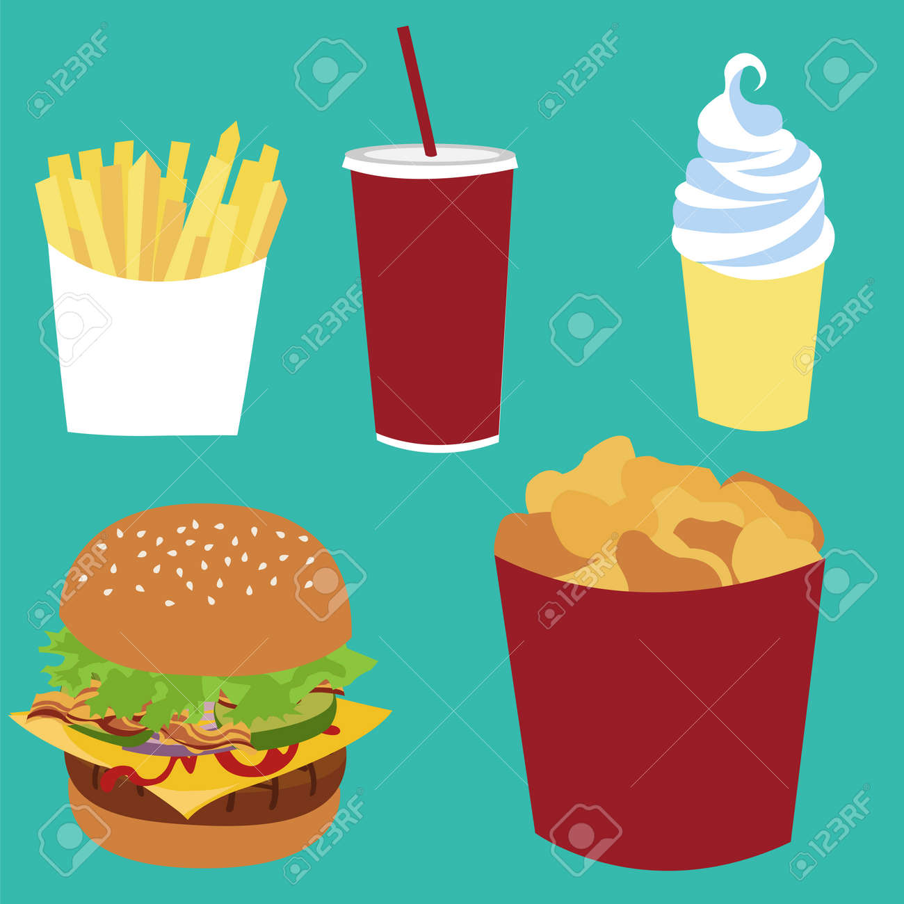 ファーストフードはベクトル分離セットです フライド ポテト チキンナ ゲット チーズバーガー アイス クリーム ソーダ コーラはバケツ ファーストフードの図です フラットの高速食品イラストのベクトルを設定します のイラスト素材 ベクタ Image
