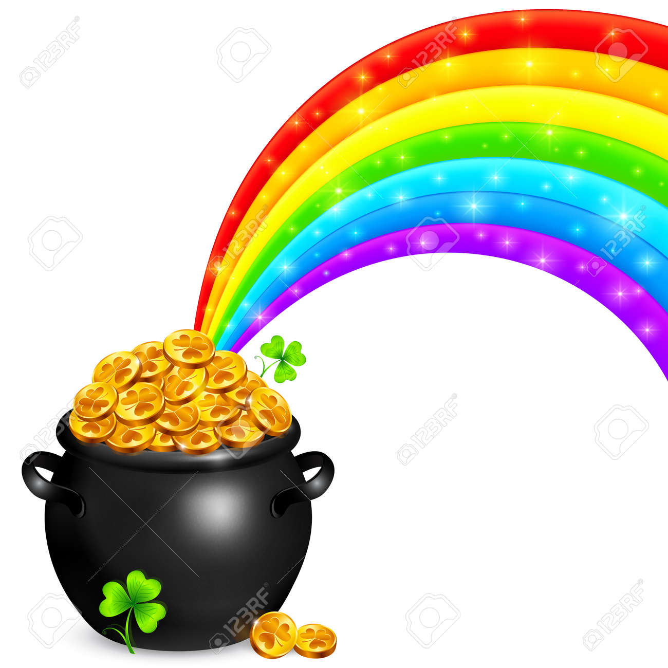 Pot Of Gold With Magic Rainbow And Clovers Royalty Free Cliparts, Vectors,  And Stock Illustration. Image 25784237.