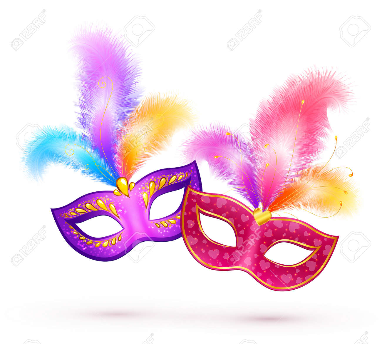 pair of bright carnival masks with colorful feathers royalty free
