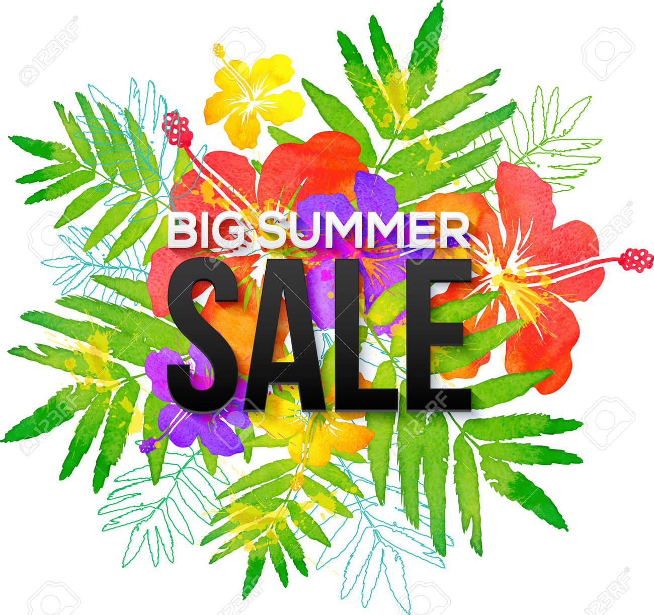 watercolor tropical flowers bouquet with black big summer sale