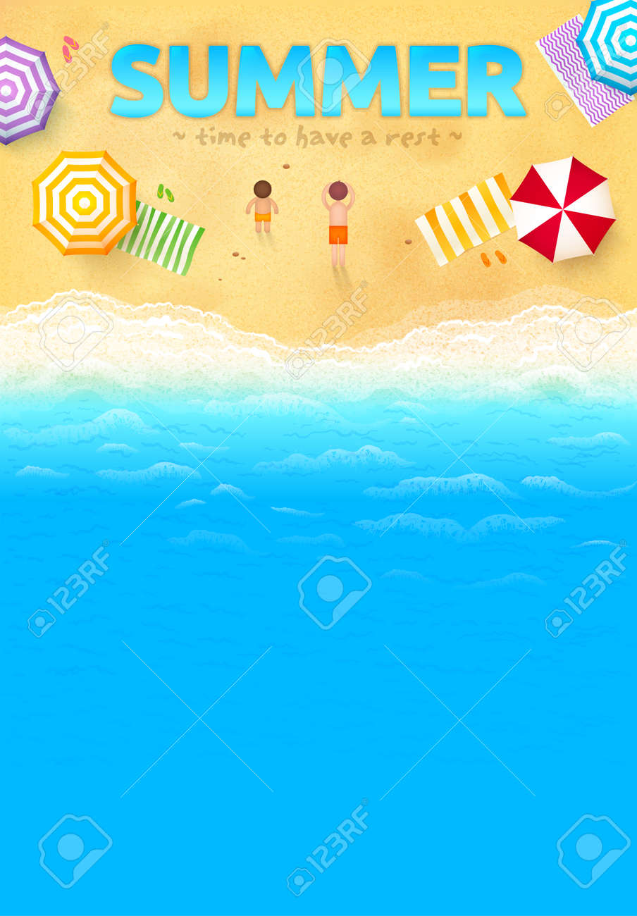 beach with colorful umbrellas towels people and summer sign