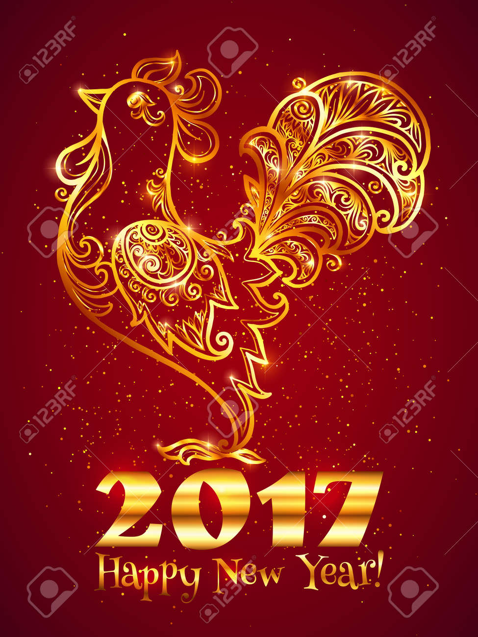 Golden lineart ornate rooster with sign Happy New Year. Traditional Chinese symbol of next 2017 year - 63420799 Golden lineart ornate rooster with sign Happy New Year. Traditional Chinese symbol of next 2017 year - 63420799