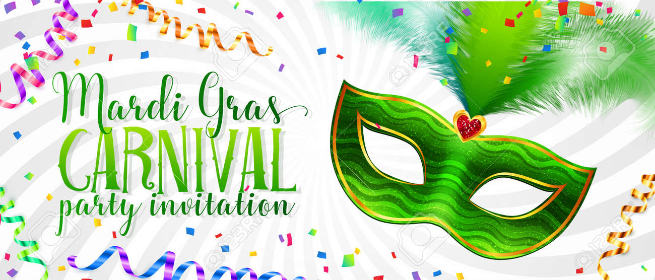 white vector mardi gras invitation card template with green carnival