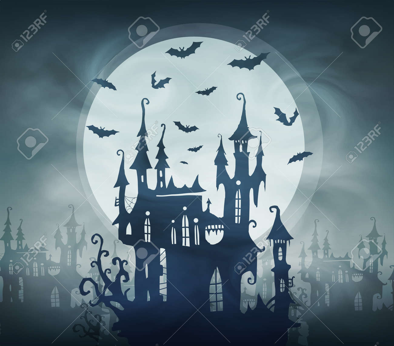 Dracula Dark Castle Silhouette With Bats And Giant Moon. Halloween Card  Template Royalty Free SVG, Cliparts, Vectors, and Stock Illustration. Image  108987087., image size:1300x1141