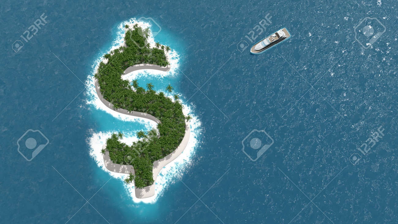 Tax haven, financial or wealth evasion on a dollar shaped island. A luxury boat is sailing to the island. - 42217936 Tax haven, financial or wealth evasion on a dollar shaped island. A luxury boat is sailing to the island. - 42217936