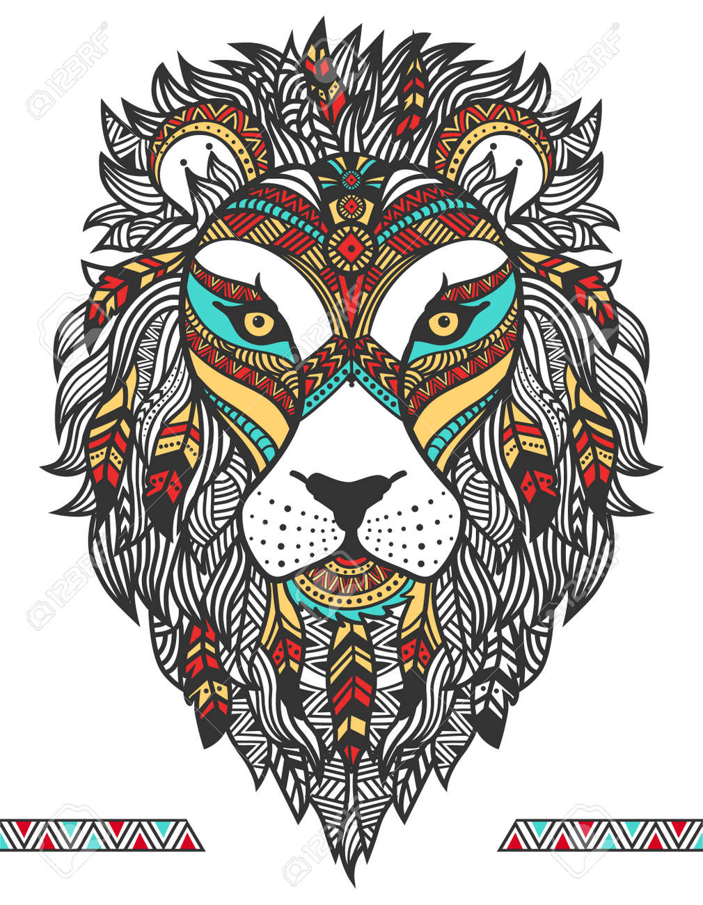 民族のライオン 飾りを持つライオンのタトゥー トーテム 手描きの背景イラスト のイラスト素材 ベクタ Image