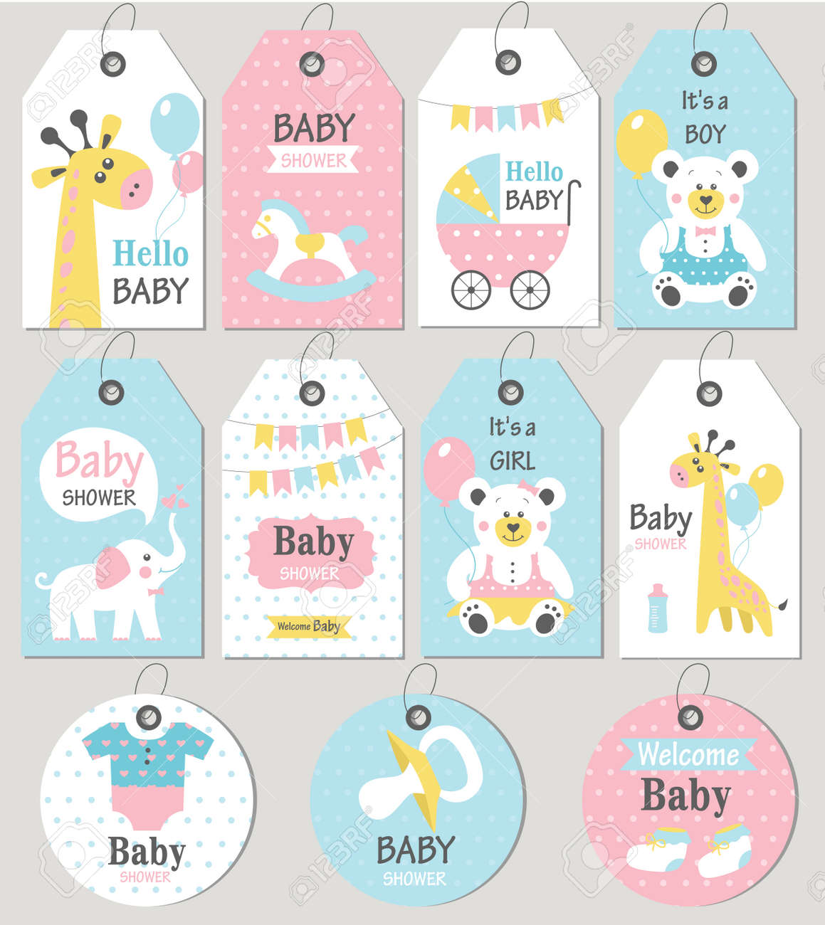 Etiquettes Cadeaux Et Cartes Baby Shower Ensemble D Arrivee De Bebe Illustration Vectorielle Clip Art Libres De Droits Vecteurs Et Illustration Image