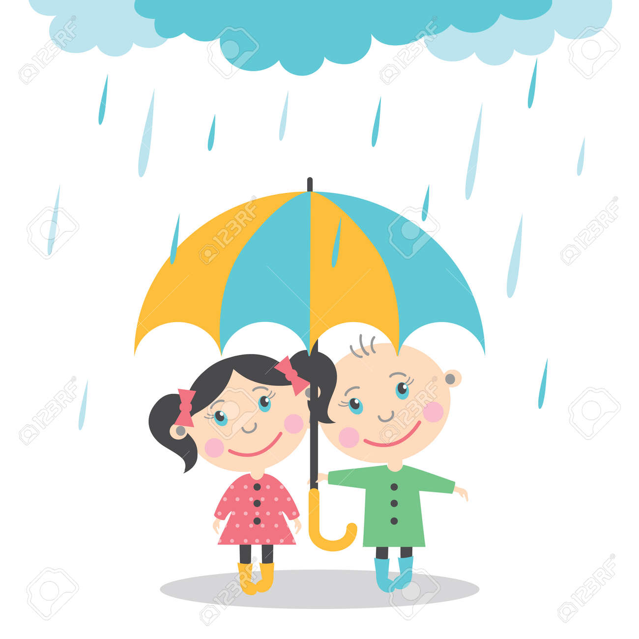 Niño Y Niña De Pie Bajo La Lluvia Bajo El Paraguas. Ilustración Vectorial Ilustraciones Vectoriales, Clip Art Vectorizado Libre De Derechos. Image 77017830.