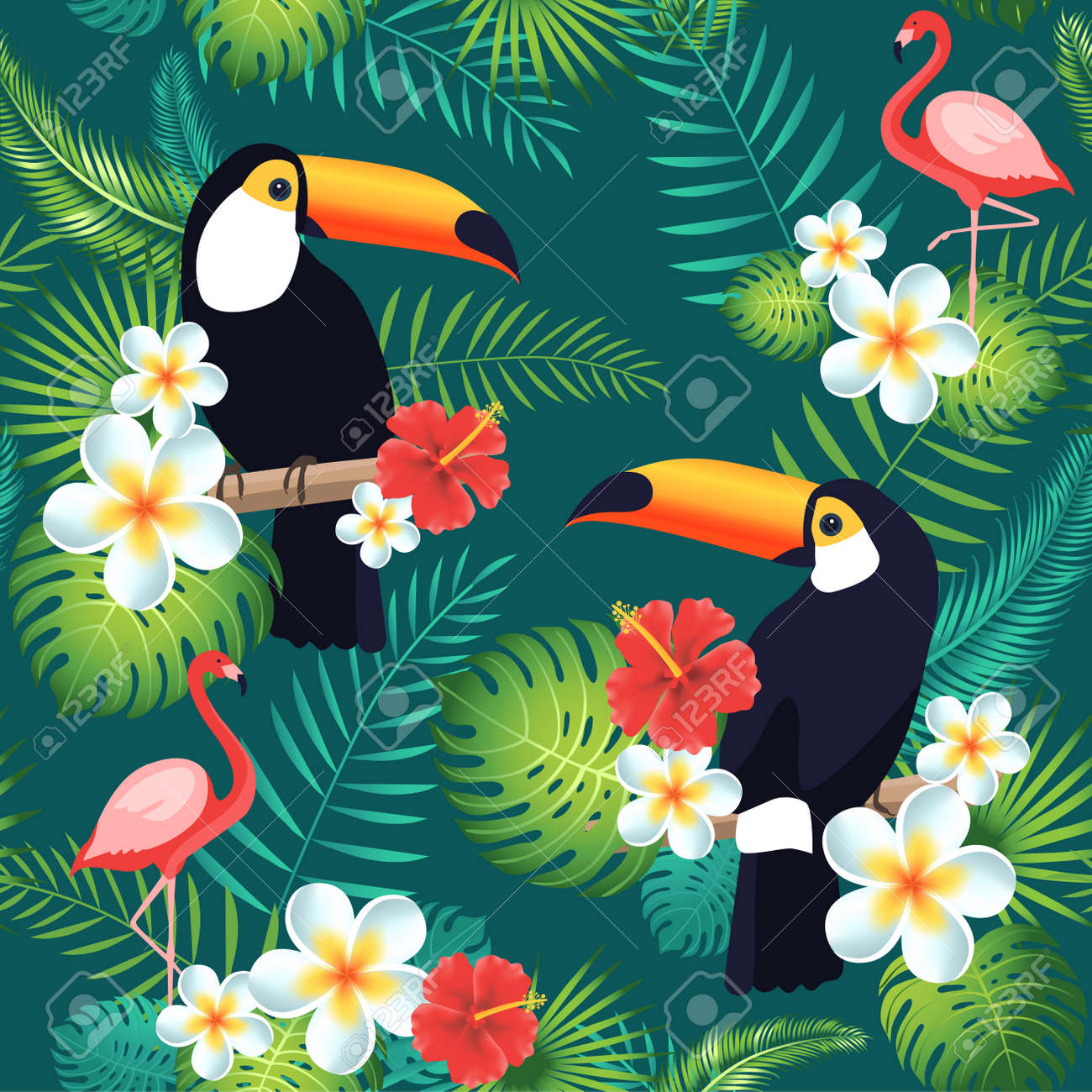 tropical seamless pattern with toucans flamingos exotic leaves