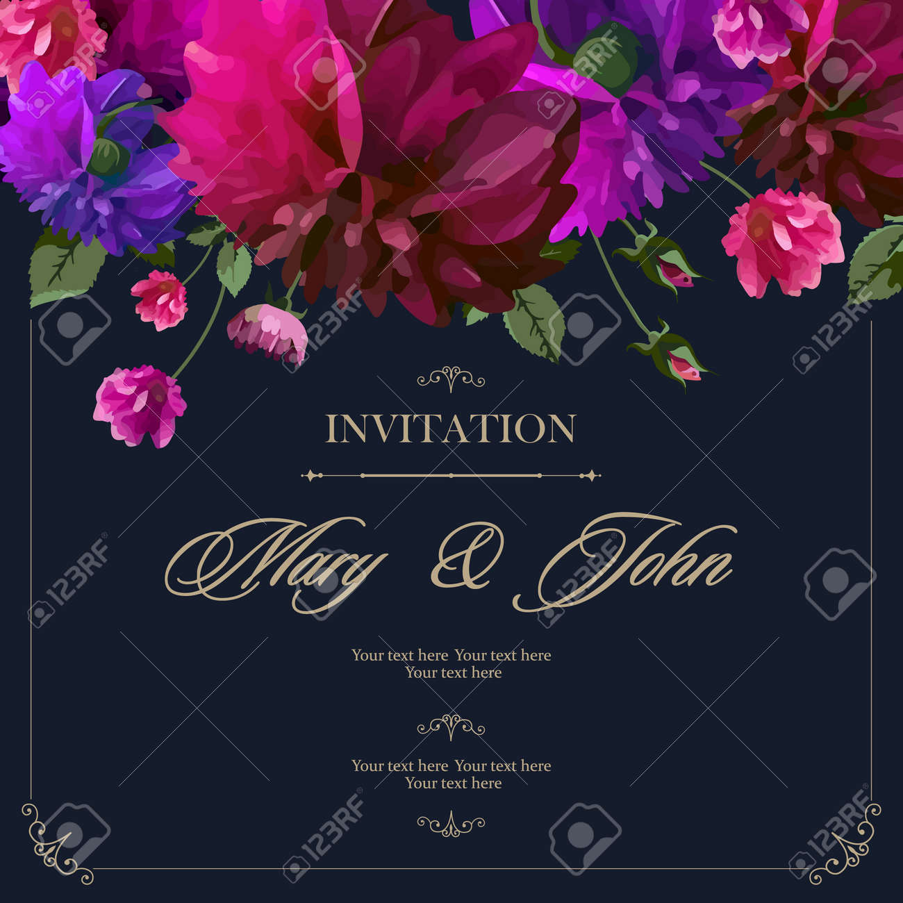 結婚式招待状ビンテージ カードのバラとアンティークの装飾的な要素 ベクトル図 のイラスト素材 ベクタ Image