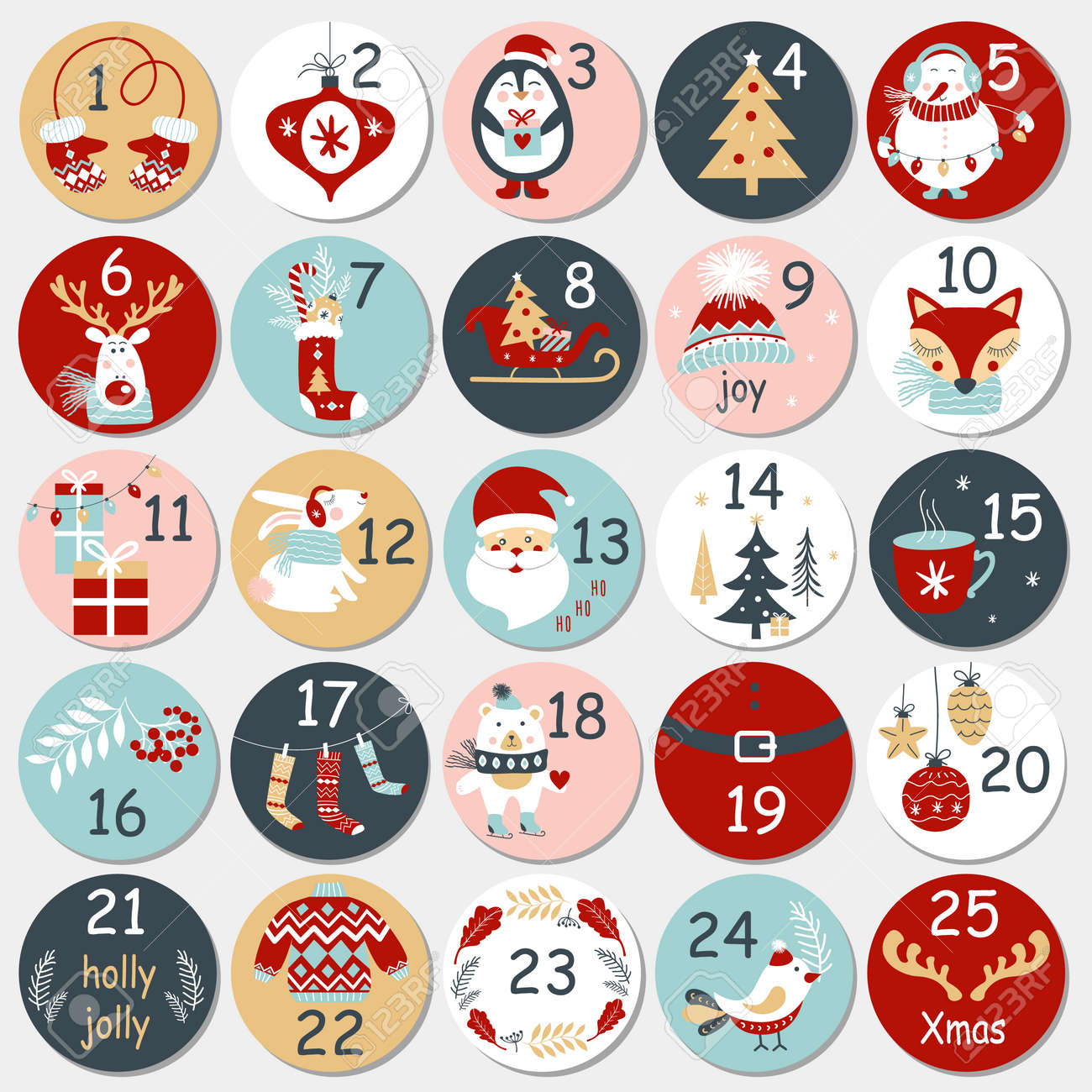 手描きの要素を持つクリスマスアドベントカレンダー クリスマスポスター ベクターイラスト のイラスト素材 ベクタ Image