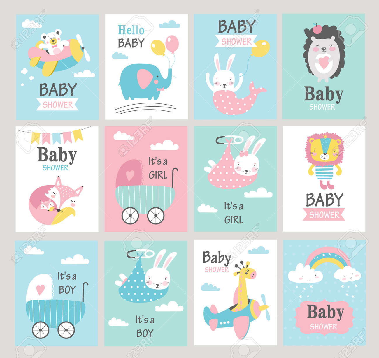 Set of baby shower cards with cute animals. Vector illustrations - 107792654 Set of baby shower cards with cute animals. Vector illustrations - 107792654