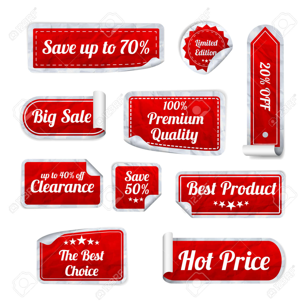 Set Of red crumpled paper SALE stickers on white background. Round, square and rectangular stickers. Vector illustration - 37751162 Set Of red crumpled paper SALE stickers on white background. Round, square and rectangular stickers. Vector illustration - 37751162