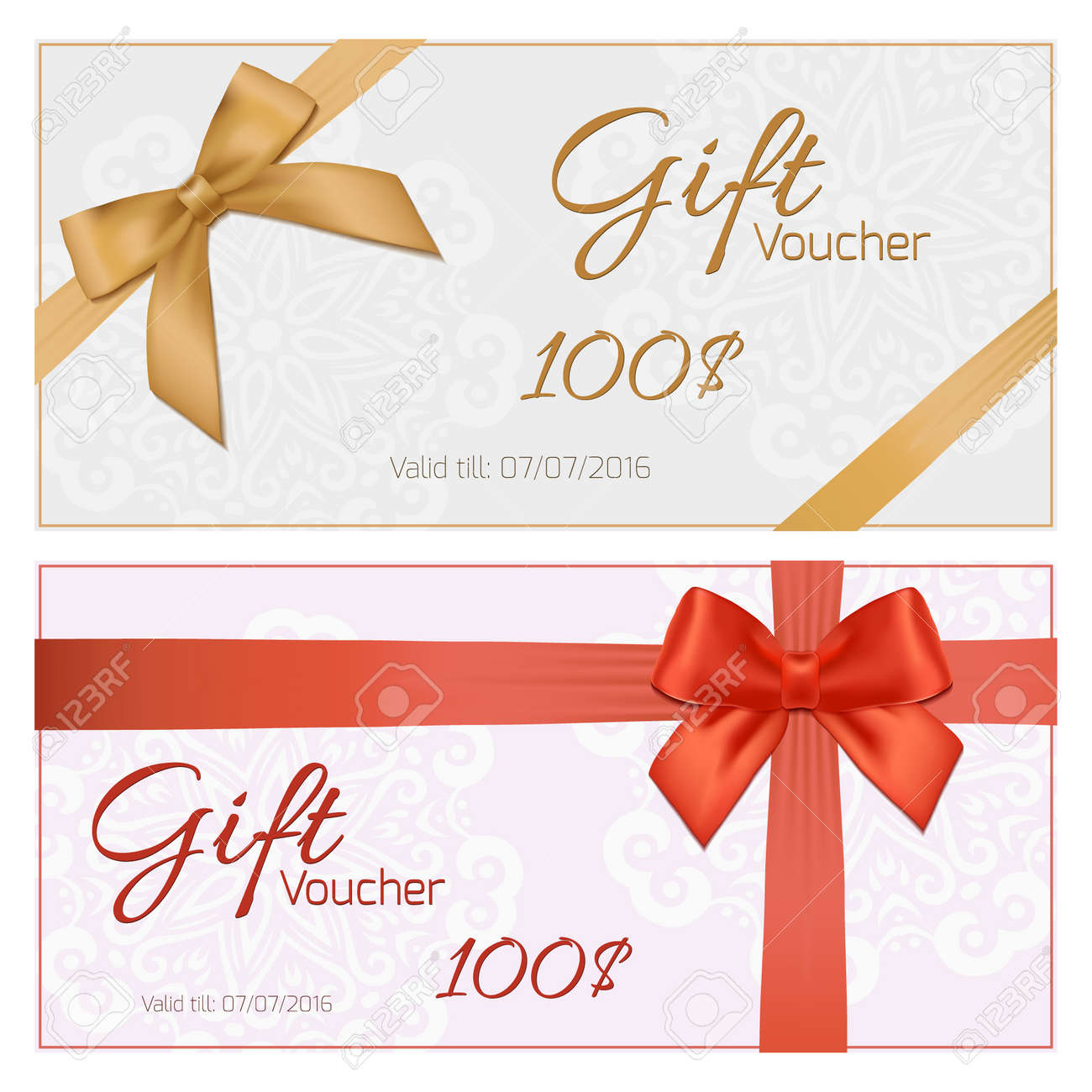 Voucher template with floral pattern, border, red and gold bow and ribbons. Design usable for gift coupon, voucher, invitation, certificate, diploma, ticket etc. Vector illustration - 40269160 Voucher template with floral pattern, border, red and gold bow and ribbons. Design usable for gift coupon, voucher, invitation, certificate, diploma, ticket etc. Vector illustration - 40269160