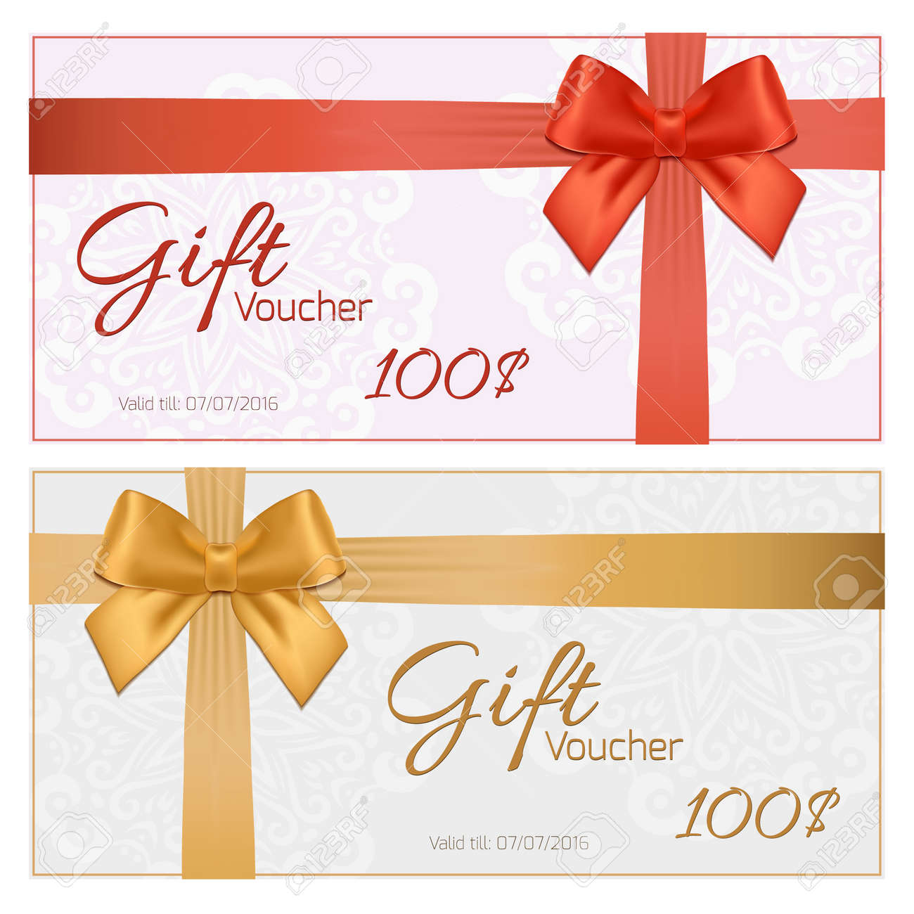 voucher template with floral pattern border red and gold bow christmas gift certificate border