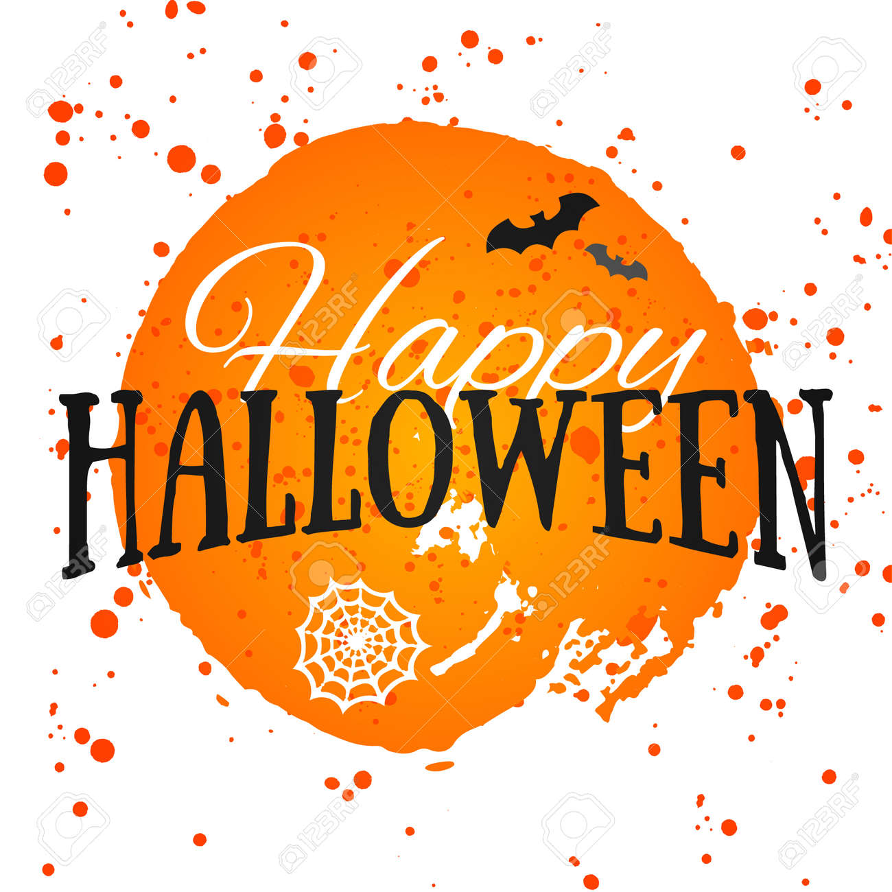 Happy Halloween Poster on bright watercolor background with stains and drops. Vector Illustration of Happy Halloween banner with halloween elements. Bats, spiderweb. - 45117715 Happy Halloween Poster on bright watercolor background with stains and drops. Vector Illustration of Happy Halloween banner with halloween elements. Bats, spiderweb. - 45117715