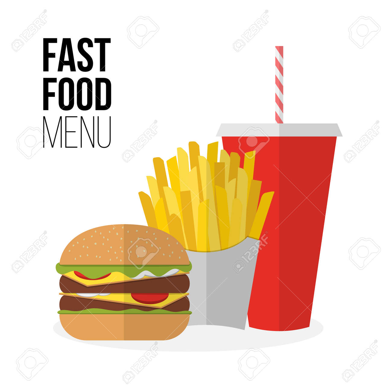 Lunch french fries, burger and soda takeaway isolated on white. Flat design. Fizzy drink, hot dog, cheeseburger, hamburger and other restaurant menu elements. Vector poster of unhealthy fast food - 45117507 Lunch french fries, burger and soda takeaway isolated on white. Flat design. Fizzy drink, hot dog, cheeseburger, hamburger and other restaurant menu elements. Vector poster of unhealthy fast food - 45117507
