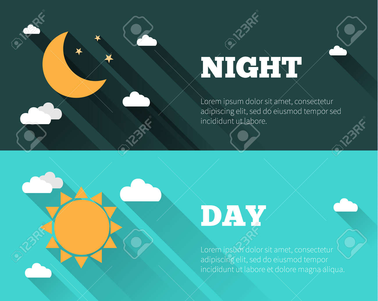 Sun, moon and stars, clouds icons. Day and night sky vector banners. Flat style illustration with long shadows. Day time concept posters. - 45117518 Sun, moon and stars, clouds icons. Day and night sky vector banners. Flat style illustration with long shadows. Day time concept posters. - 45117518