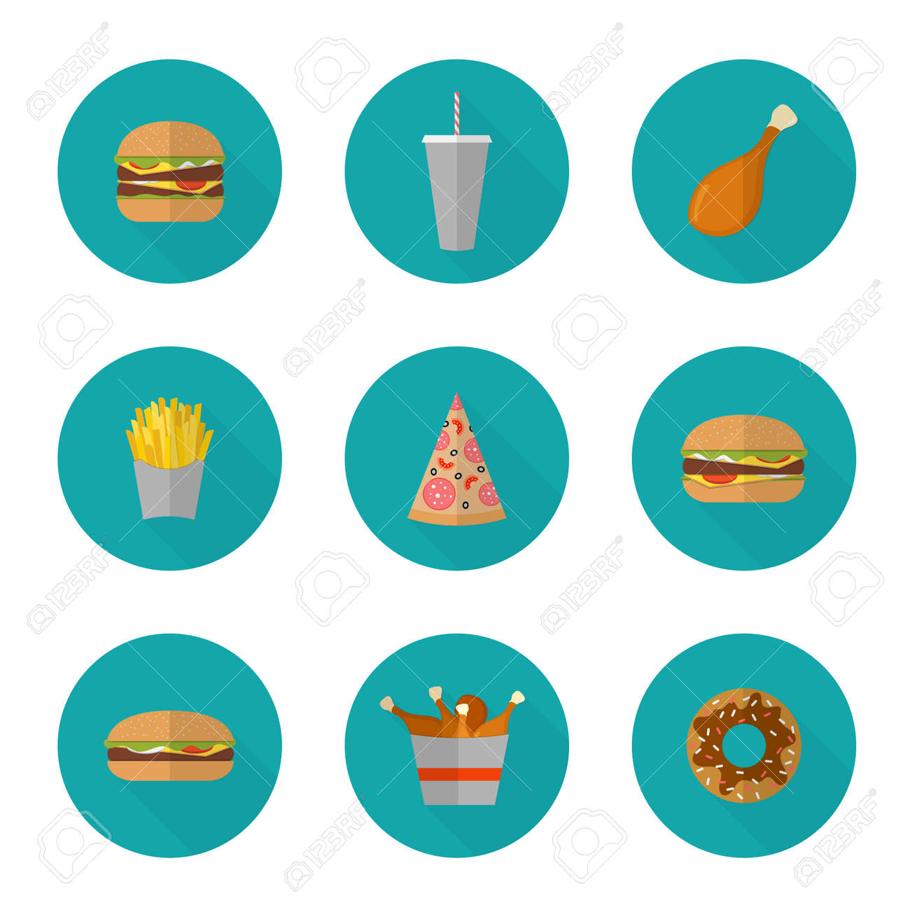 Fast food icon design. Flat icons of junk food isolated on white. Illustration of unhealthy food, diet or restaurant menu elements. Hamburger, cheeseburger, fried chicken, french fries, pizza, donut. - 45892675 Fast food icon design. Flat icons of junk food isolated on white. Illustration of unhealthy food, diet or restaurant menu elements. Hamburger, cheeseburger, fried chicken, french fries, pizza, donut. - 45892675