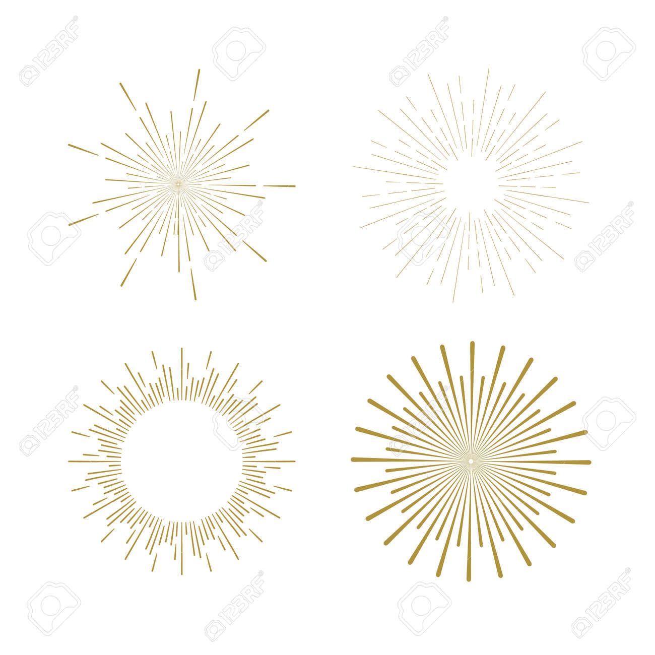 Retro Sun burst shapes. Vintage starburst logo, labels, badges. Sunburst minimal logo frames. Vector firework design elements isolated. Sun burst light logo. Minimal vintage gold firework burst. - 54147632 Retro Sun burst shapes. Vintage starburst logo, labels, badges. Sunburst minimal logo frames. Vector firework design elements isolated. Sun burst light logo. Minimal vintage gold firework burst. - 54147632