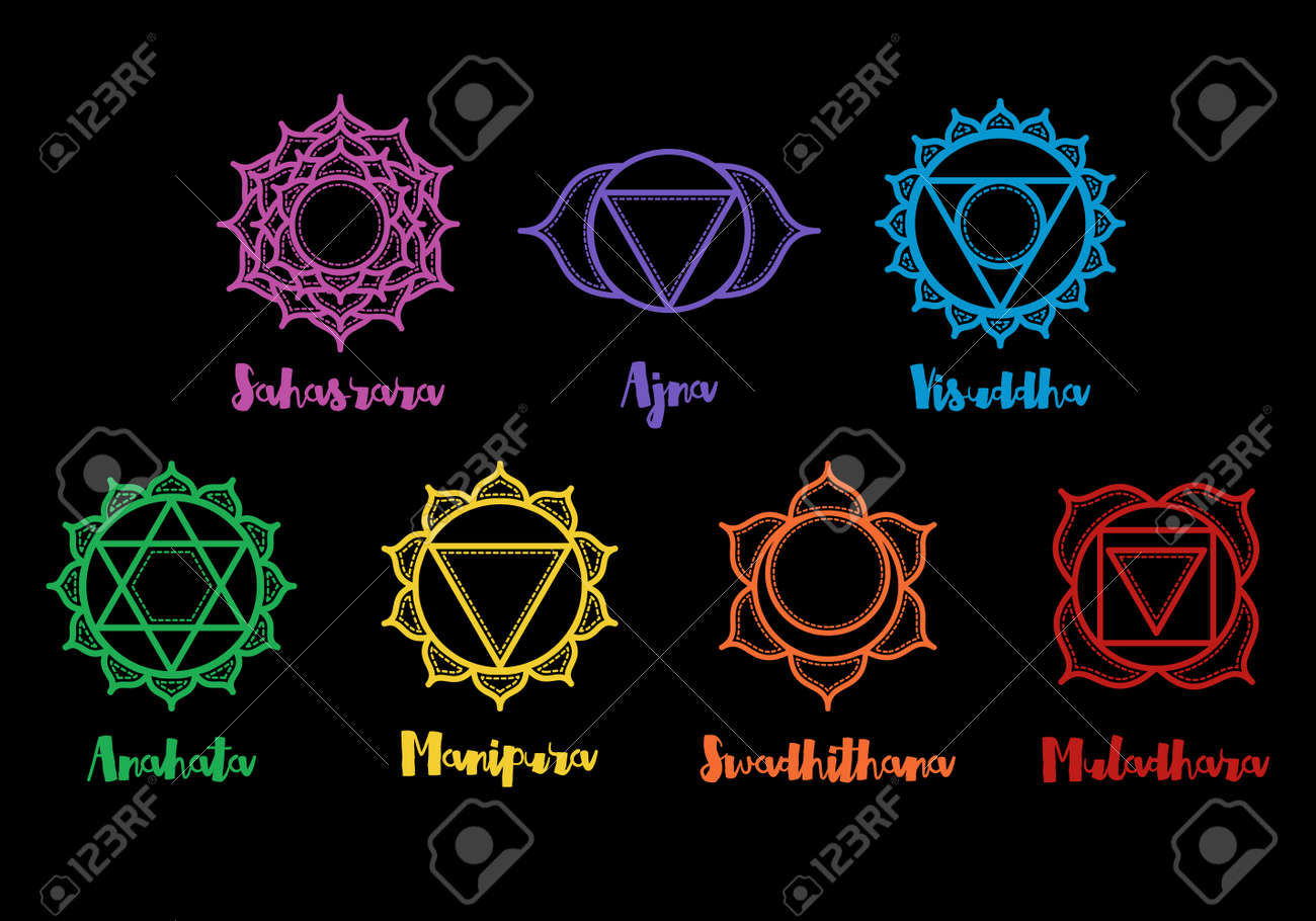 Isoliert Satz Von Schonen Indischen Ornamental Chakren Vektor Illustration Farbe Yoga Chakra Symbole Auf Schwarz Isoliert 7 Geometrische Chakra Mandalas Heilige Geometrie Lizenzfrei Nutzbare Vektorgrafiken Clip Arts Illustrationen Image