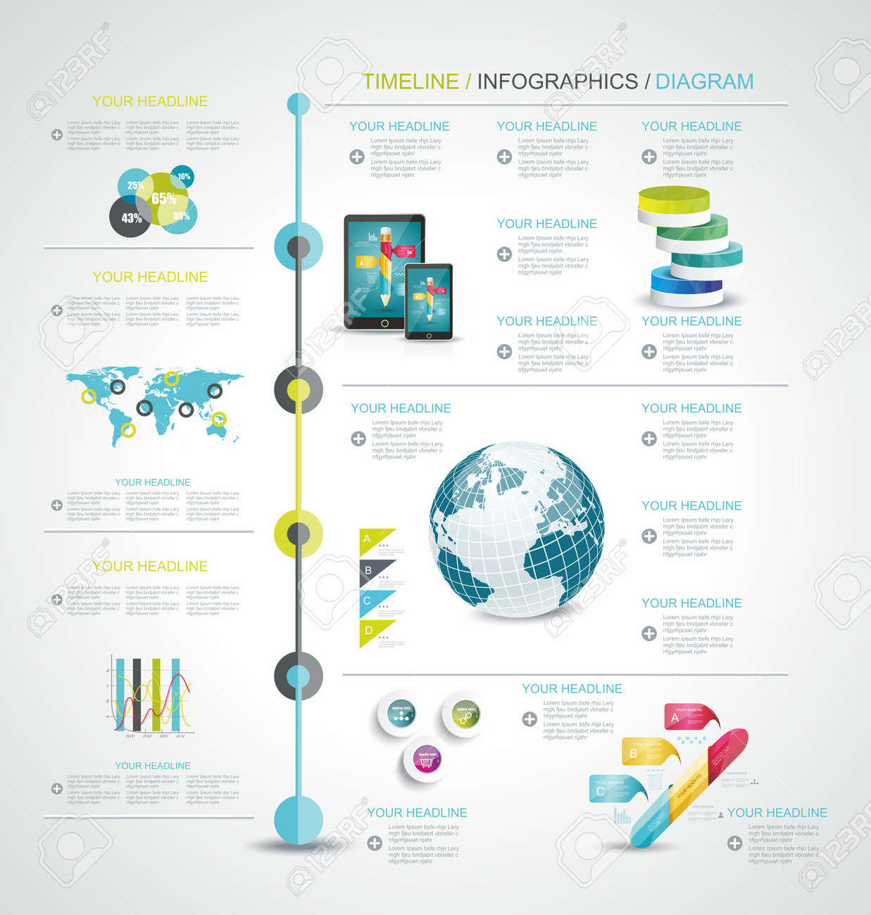 timeline design template with world map web buttons and paper website design timeline template