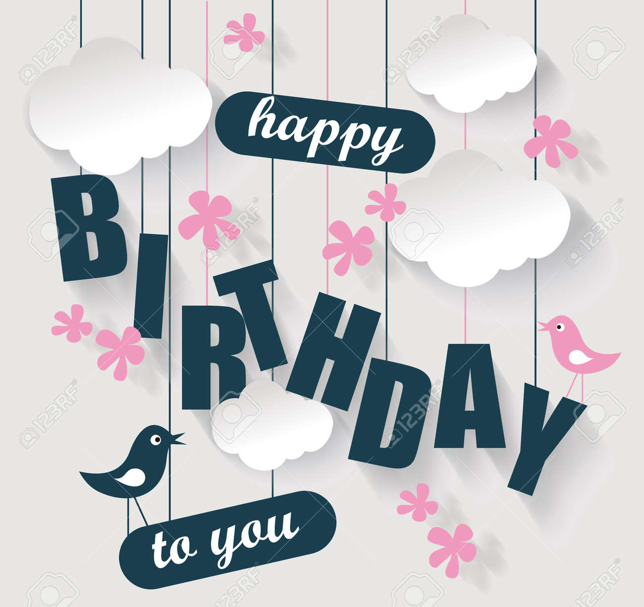 Happy birthday card with clouds and birds. Vector holiday illustration. - 65792634 Happy birthday card with clouds and birds. Vector holiday illustration. - 65792634