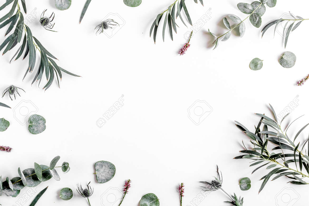 spring floral concept with green leaves on white table background top view mock-up - 75336008 spring floral concept with green leaves on white table background top view mock-up - 75336008