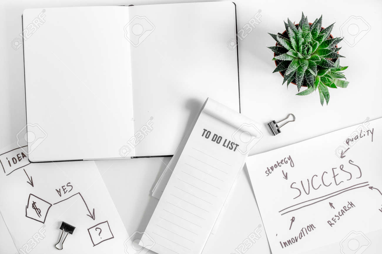business plan development with copybook on desk background top
