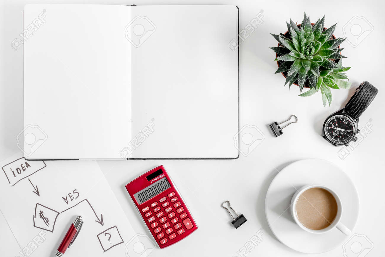 business plan development with copybook on desk background top