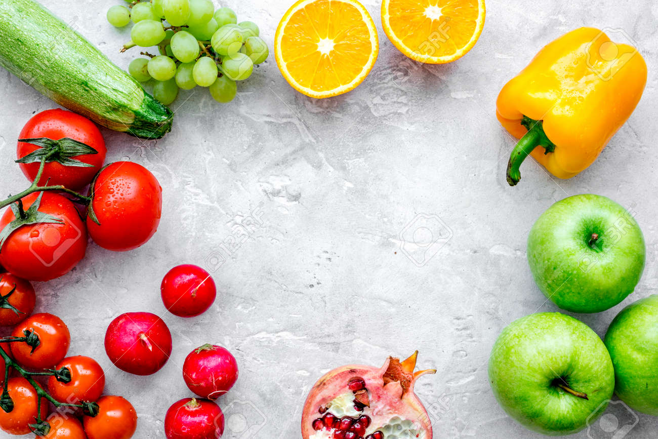 Download Diet Food With Fresh Fruits And Vegetables Salad Stone Background Stock Photo Picture And Royalty Free Image Image 78136854