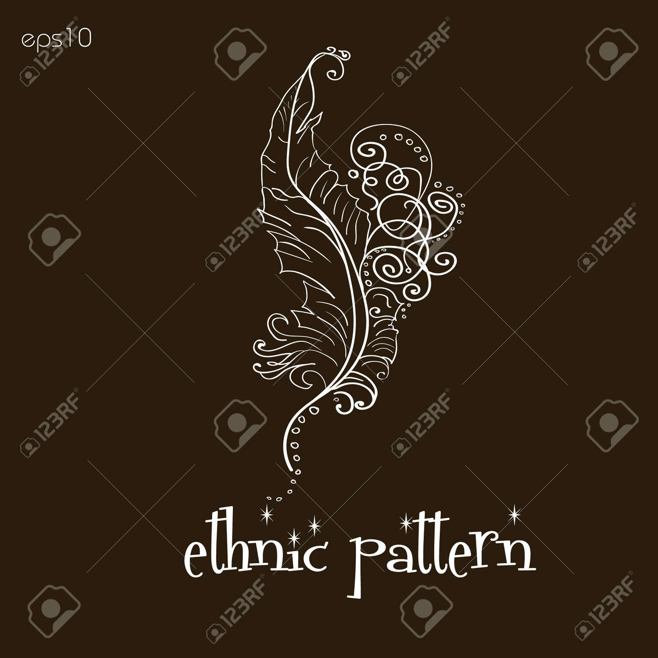 エスニック パターン手作り羽抽象的な装飾民芸スタイル ボディーペインティングの白模様茶色背景本文ベクトル イラスト ストック ヘナ タトゥー デザイン著者ポイント カールにのイラスト素材 ベクタ Image