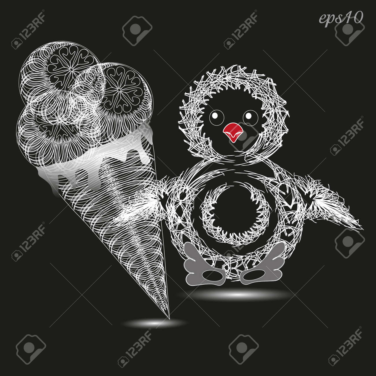 Poussin Blanc Et Cornet De Crème Glacée Dessin De Lauteur Conception Petit Pingouin Oiseau Logo Bar Style Bonbons Traiter Froid Trois Ball Signe Wrap