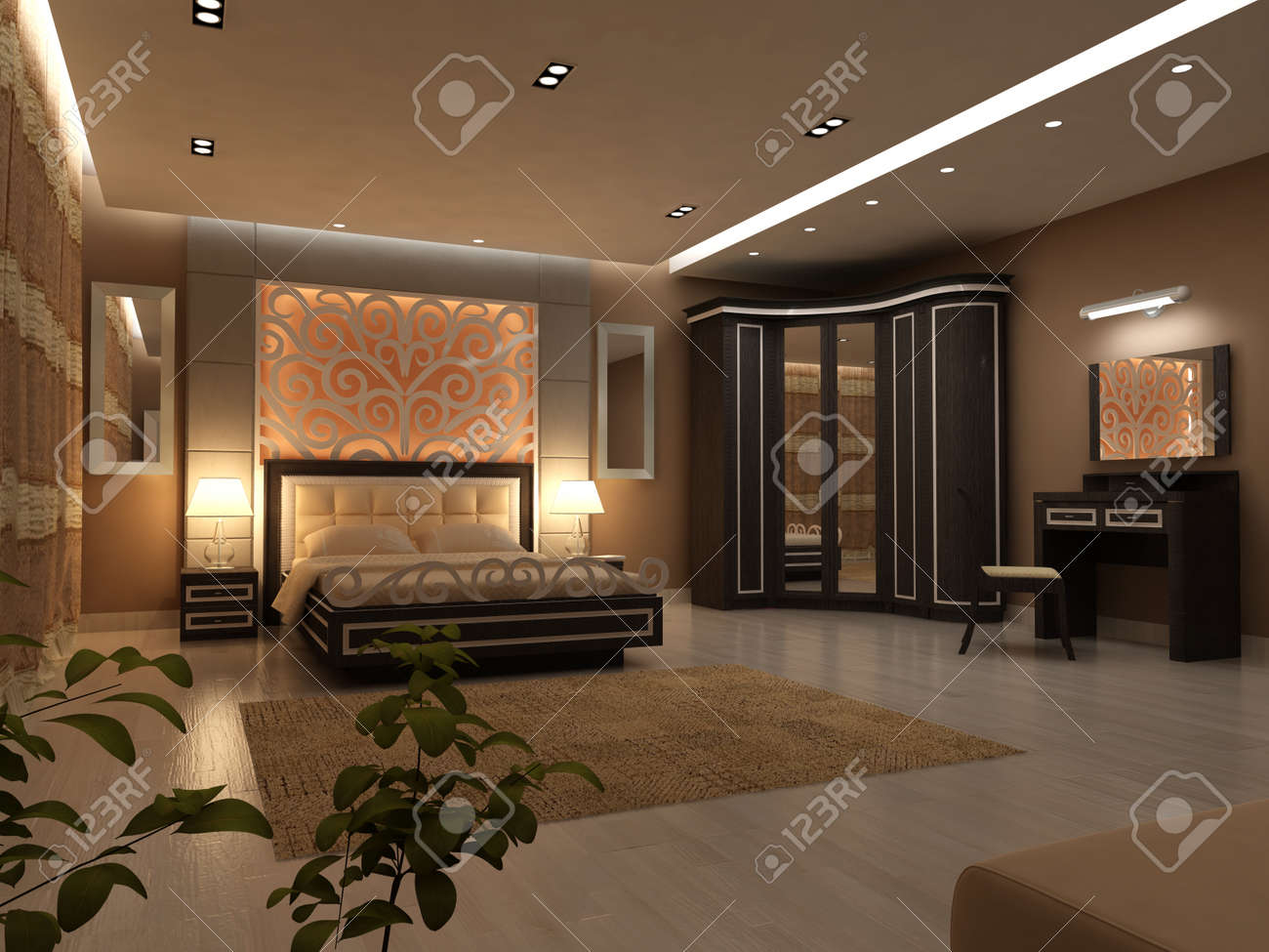 人工的な照明の大きなモダンなベッドルームのインテリア デザイン の写真素材 画像素材 Image