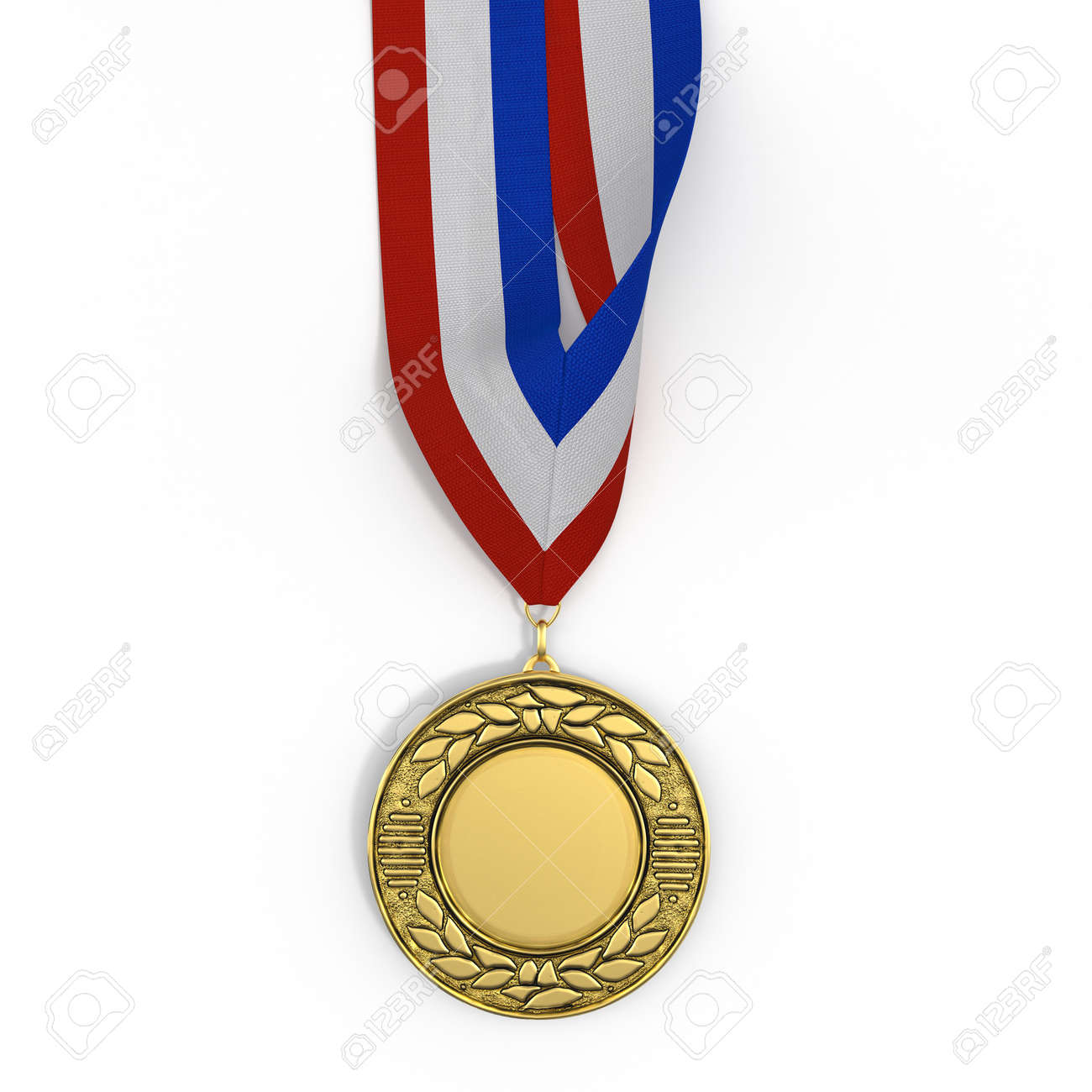 白地にトリコロールのリボンと黄金のメダル 3 D イラストレーション の写真素材 画像素材 Image