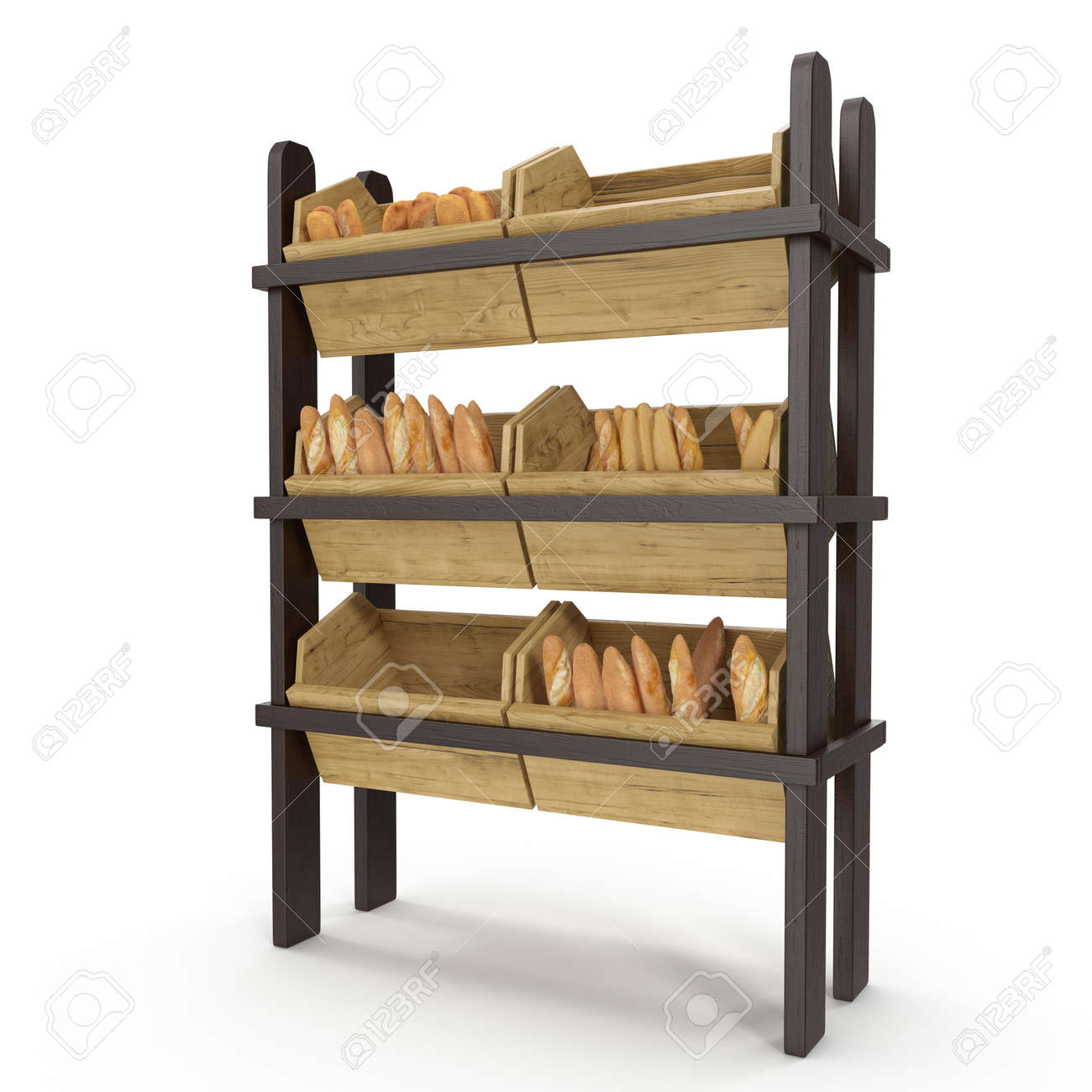 白い背景の上の木製パン陳列棚 3 D イラスト クリッピング パス の写真素材 画像素材 Image