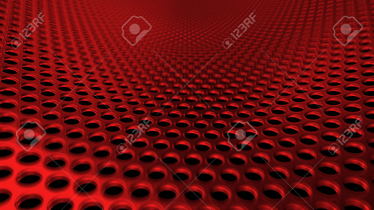 Geometric abstract background of red from circles. 3D render of a curved perforated metal surface in perspective - 132223651 Geometric abstract background of red from circles. 3D render of a curved perforated metal surface in perspective - 132223651