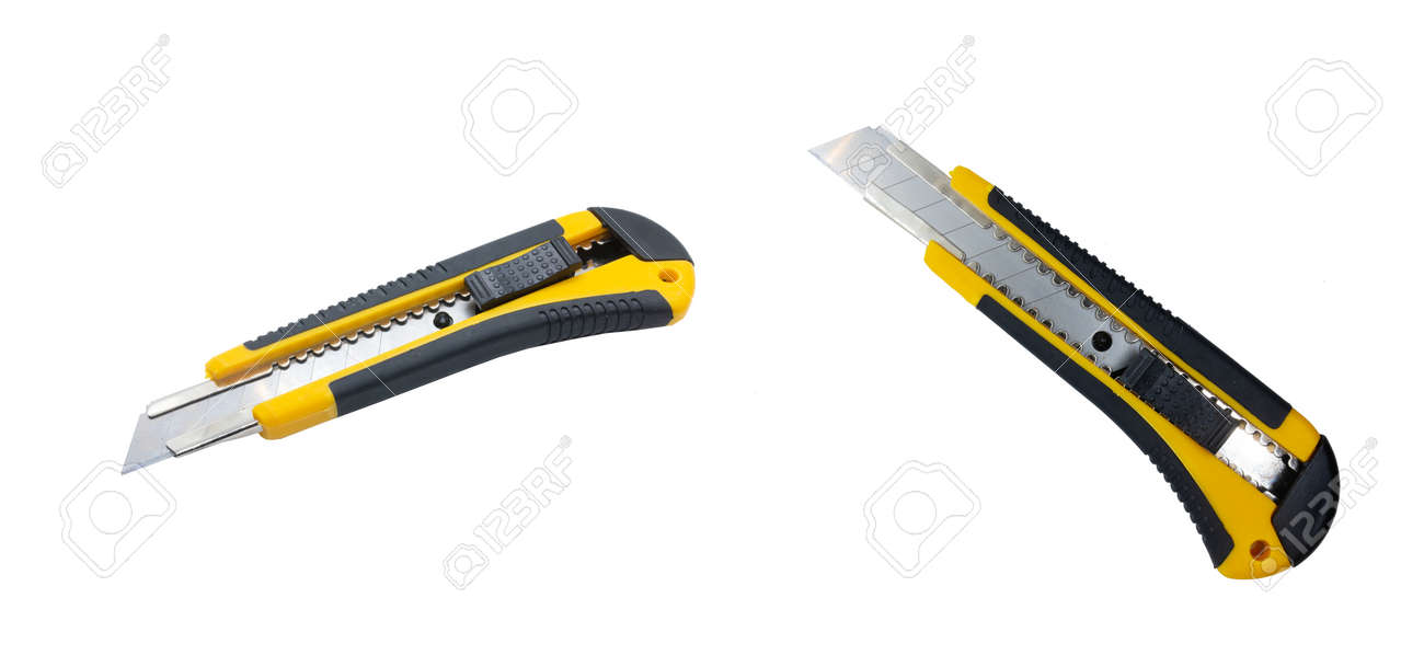 Yellow stationery knife isolated on white background. Office knife front view. Perspective view - 132225793 Yellow stationery knife isolated on white background. Office knife front view. Perspective view - 132225793