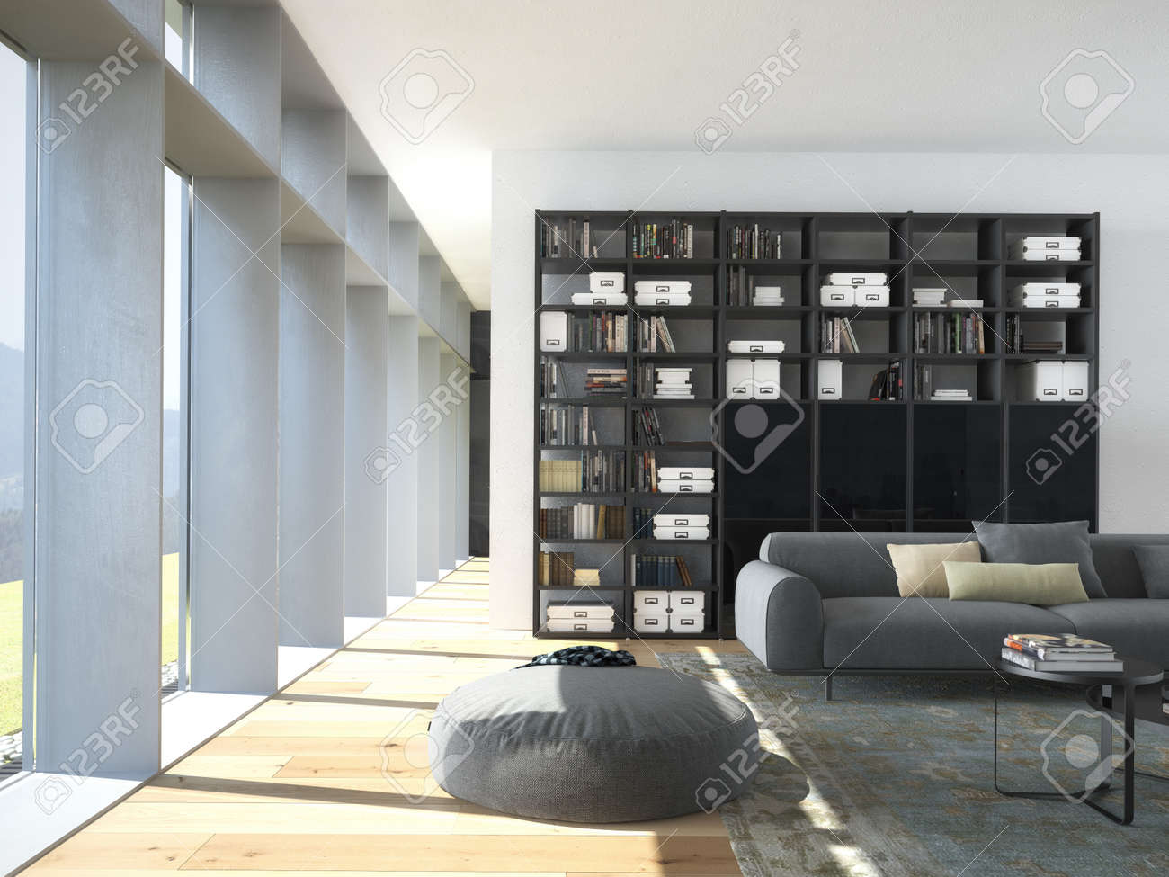3d rendering.modern couch und holz bücherregal in einem wohnzimmer