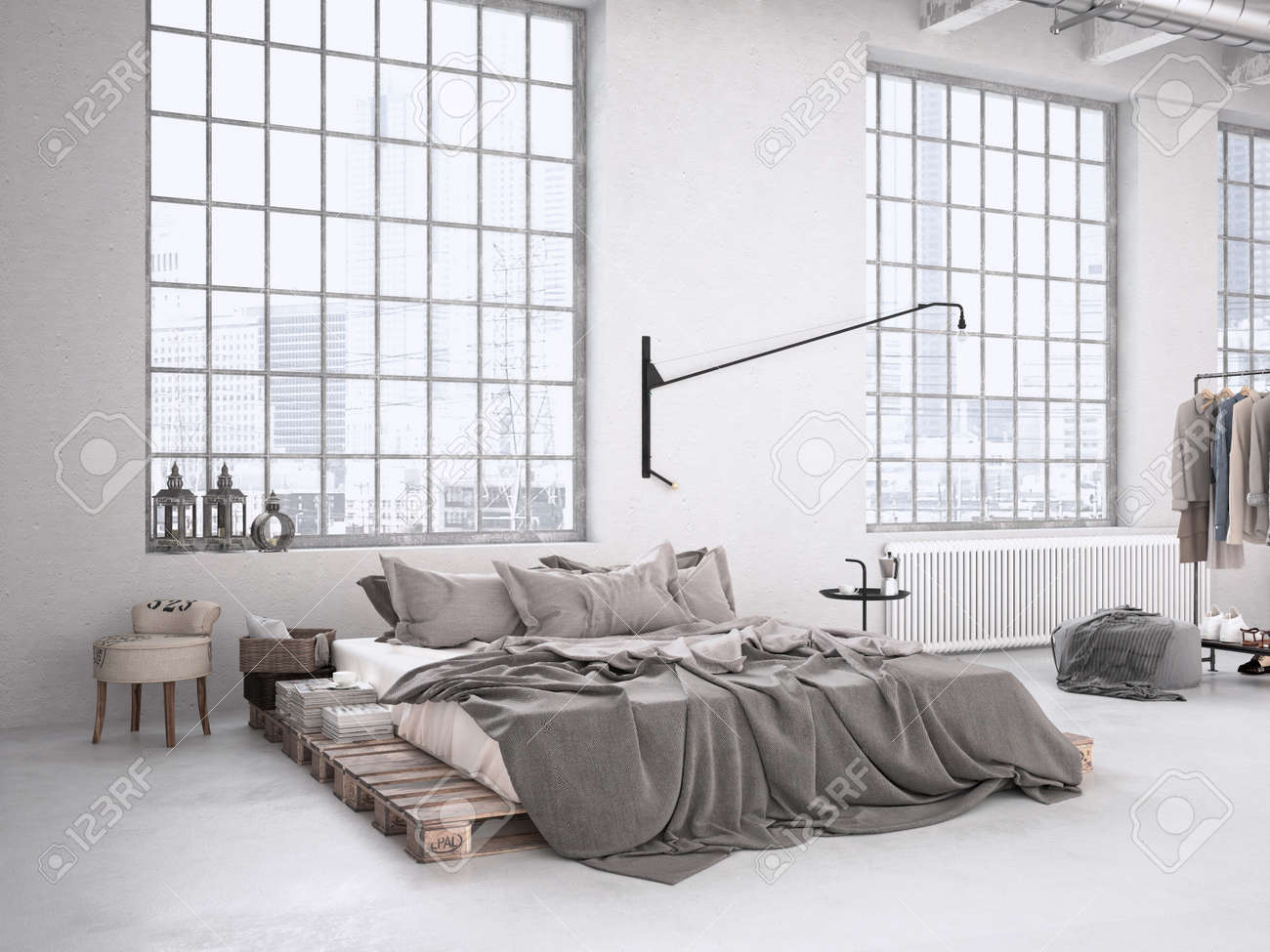 Uncategorized Industrial Bed modern industrial bedroom in a loft 3d rendering stock photo 44243878