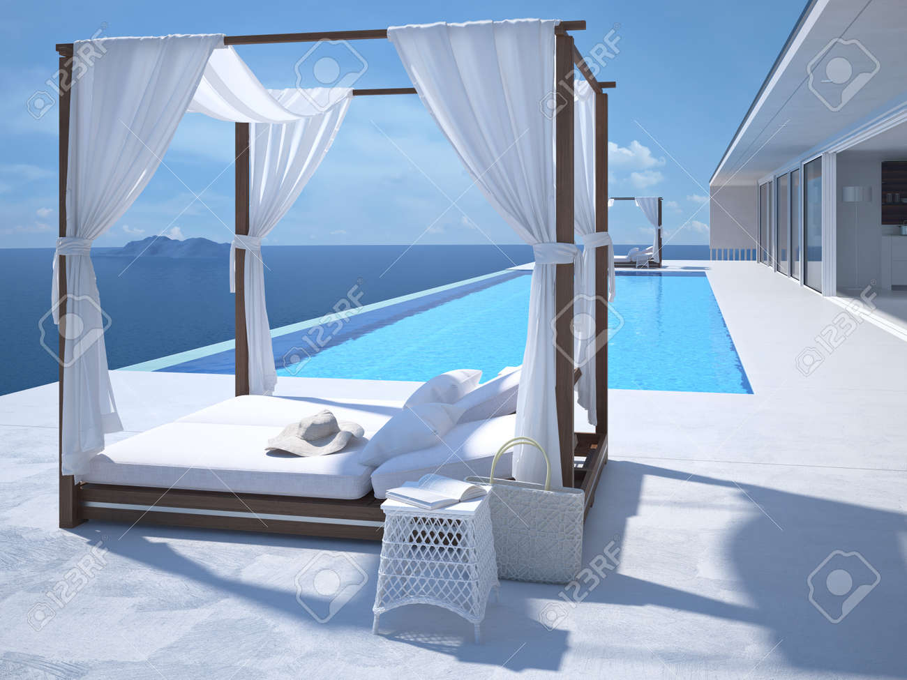 A luxury swimming pool in santorini. 3d rendering - 58406311 A luxury swimming pool in santorini. 3d rendering - 58406311