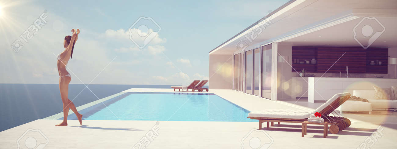 Young woman enjoying the sun at the endless pool. color edit.3d rendering - 59951606 Young woman enjoying the sun at the endless pool. color edit.3d rendering - 59951606
