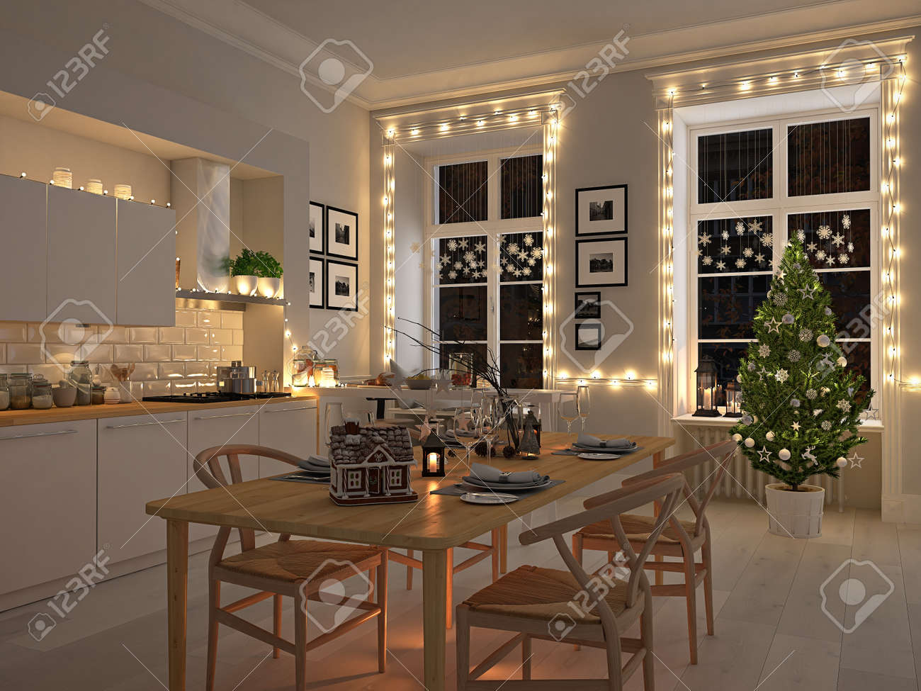 Rendu 18d. cuisine nordique avec décoration de Noël. Rendu 18d. cuisine nordique avec décoration de Noël.