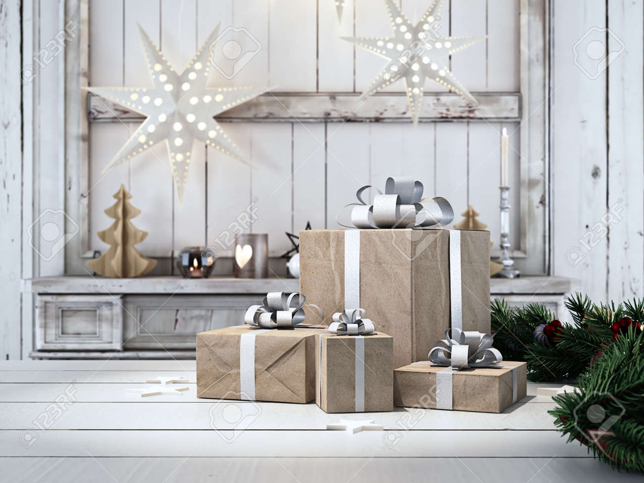 3d rendering. beautiful gift with Christmas ornaments - 64646616 3d rendering. beautiful gift with Christmas ornaments - 64646616