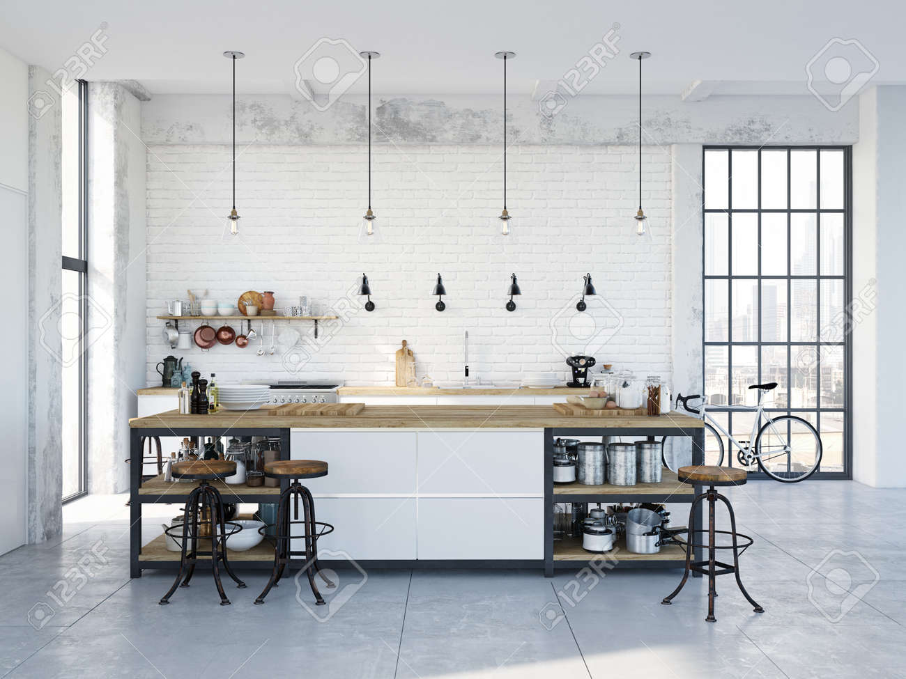 modern nordic kitchen in loft apartment. 3D rendering - 79134046 modern nordic kitchen in loft apartment. 3D rendering - 79134046