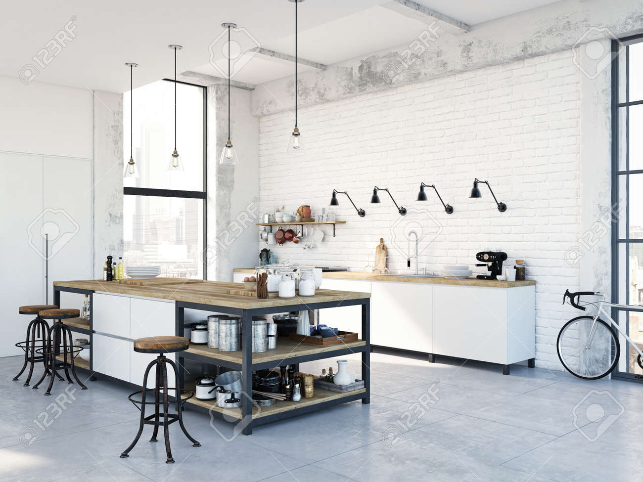 modern nordic kitchen in loft apartment. 3D rendering - 79134047 modern nordic kitchen in loft apartment. 3D rendering - 79134047