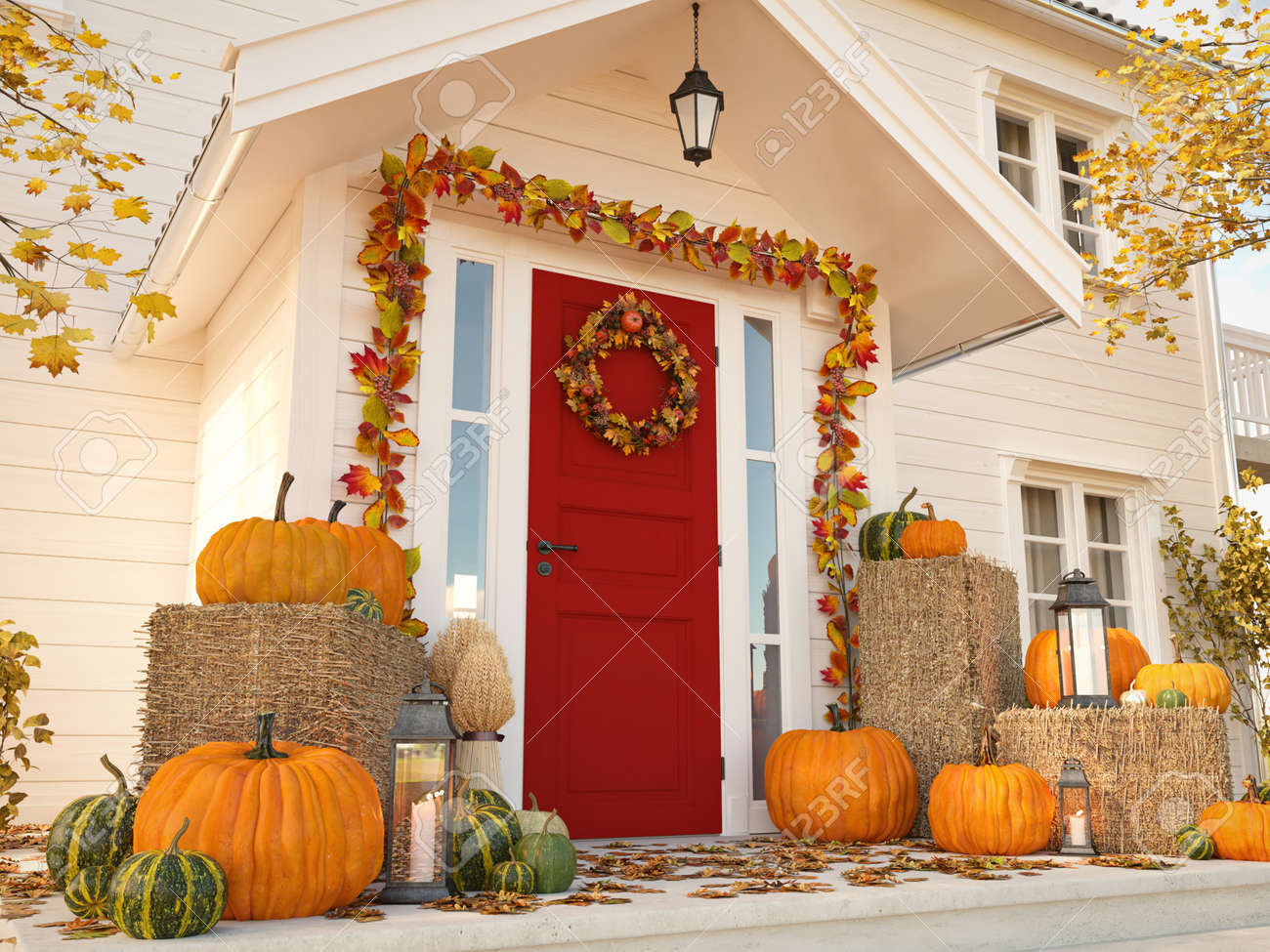 autumn decorated house with pumpkins and hay. 3d rendering - 88200344 autumn decorated house with pumpkins and hay. 3d rendering - 88200344